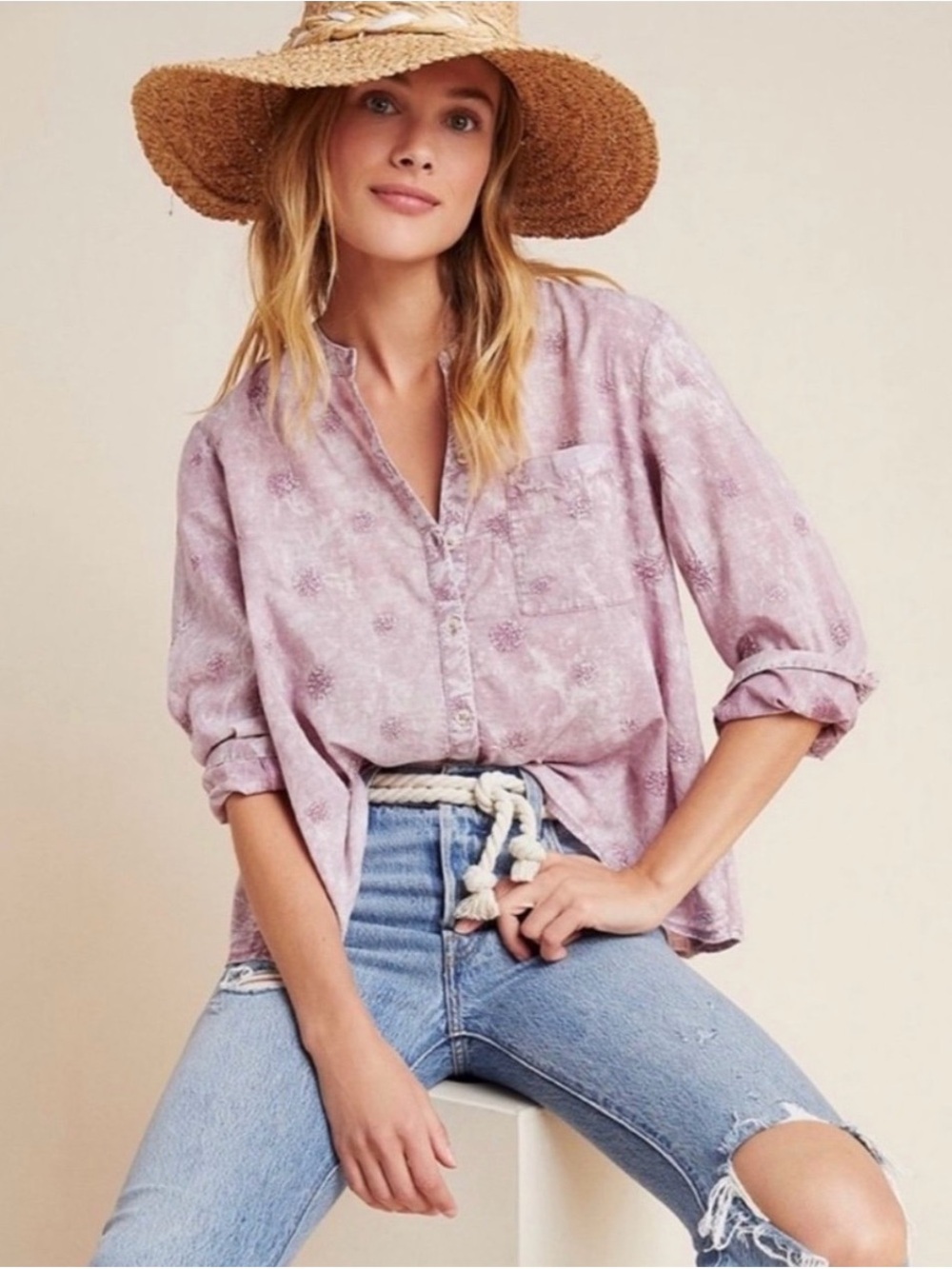 Anthropologie Lavender-Pink Floral Button-Front Shirt